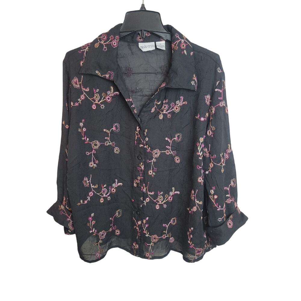 Apparenza Black‎ Embroidered Floral Sheer Button Front 3/4 Sleeve Top Women's 1X